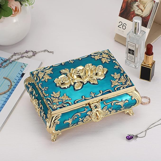 Hipiwe Metal Decorative Jewelry Box Vintage Treasure Chest Case Ornate Trinket Organizer Earrings Necklace Bracelet Storage Box Ring Holder Keepsake Box for Women