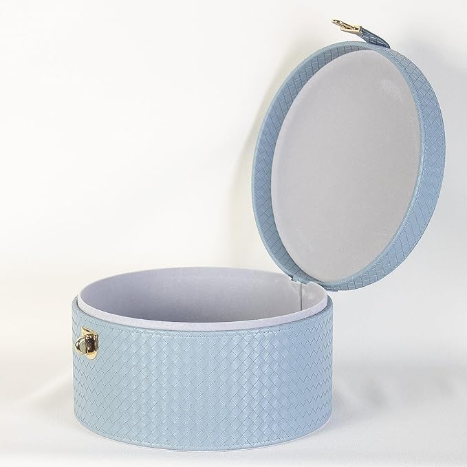 Large Leather Decorative Boxes Set of 2 Round Hat Box Bin Basket with Lid for Shelf Coffee Table Storage Remotes Modern Home Decor (light blue)