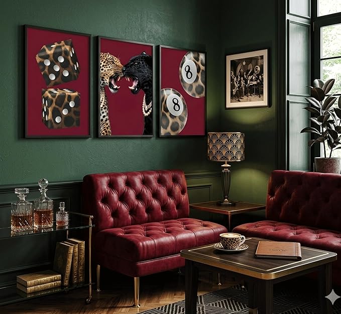 3Pcs Framed Trendy Leopard Canvas Wall Art Funky Lucky 8 Ball Pictures Wall Decor Eclectic Cheetah Preppy Aesthetic Posters Prints Paintings for Bedroom Dorm Living Bathroom Home Decoration