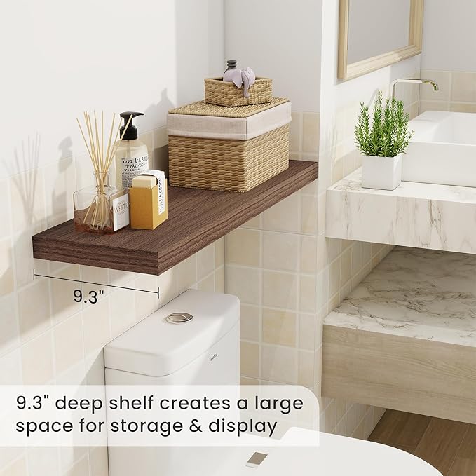 Fun Memories 9.3Inch Deep Floating Shelves for Wall, 32 Inch Rustic Wood Wall Mounted Shelves for Bathroom, Bedroom, Kitchen, Deep Floating Shelf for Storage & Home Decor (Walnut, Set of 2)