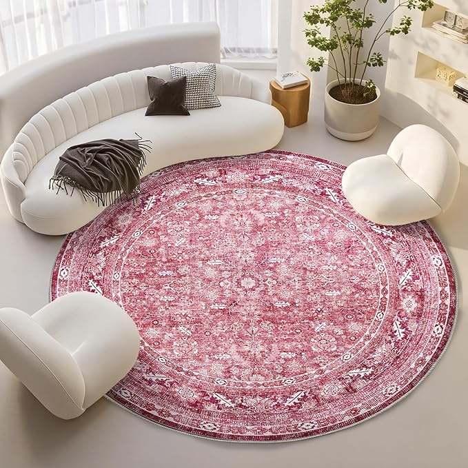 OPPODREAM Vintage Hot Pink Round Rug 8ft, 8 ft Retro Washable Circle Rug Non Slip, Low-Pile Faux Wool Circular Carpet, Distressed Floor Mat for Living Room, Bedroom, Office, Dorm, Dinning Room