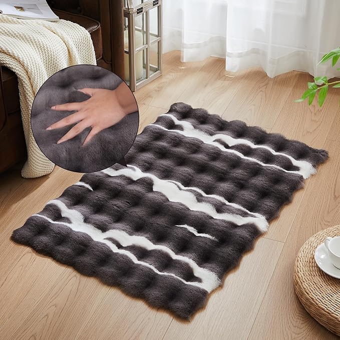 2X 3-Foot Synthetic Rabbit Fur Rug, Multicolor Bubble-Patterned Velvet Design. Soft, Plush, Slip-Resistant, and Machine Washable. Home Decor, Suitable for Living Rooms and bedrooms