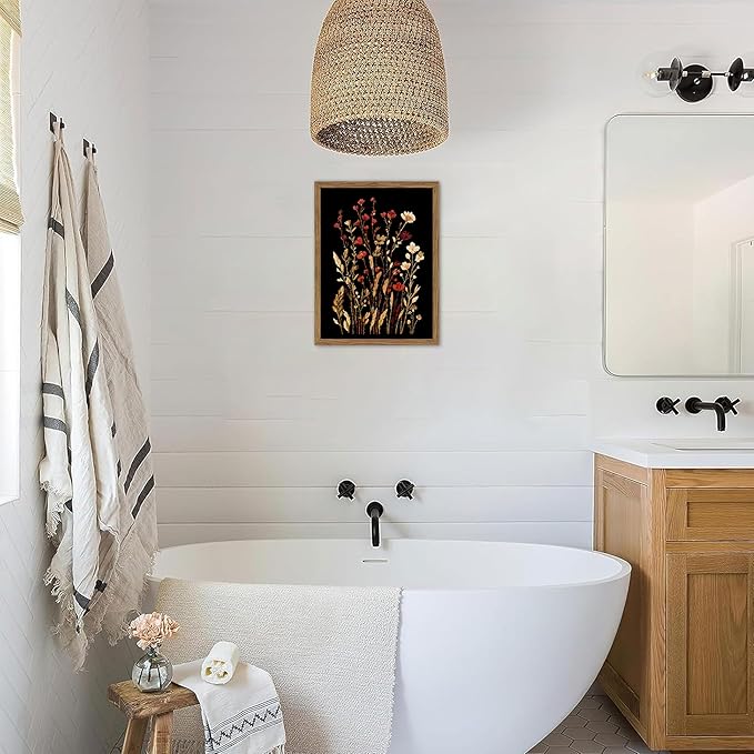 Framed Bathroom Wall Art, Dark Botanical Floral Canvas Wall Decor, Rustic Flower Prints Paintings, Vintage Wildflower Artwork Picture for Bathroom Bedroom Living Room 12x16 Inch