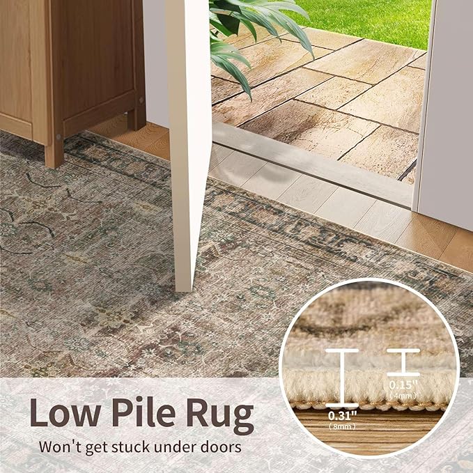 Rugxara 6x9 Area Rugs for Living Room Bedroom, Large Washable Rug, Brown Vintage Retro Boho Rug, Non Slip & Low Pile Faux Wool Thin Carpet for Indoor Dining Room and Kids Room(Charcoal/Olive 6x9ft)