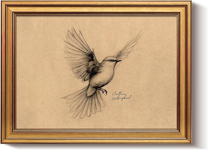 Bzstyleart Vintage Wall Art Decor, Gold Framed Wall Art Decor Vintage Birds Prints Texas State Bird Home Decor Aesthetic, Sketch Painting Picture Bird Artwork for Living Room, 12L x 16W