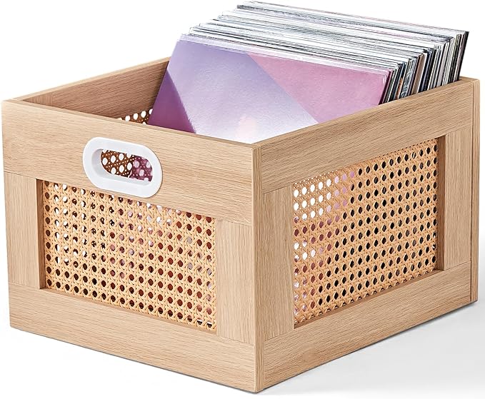 LELELINKY Vinyl Record Storage Crate, Rattan Vinyl Record Holder with Handle, Natural Wood Record Crate for Vinyls Holder up to 75 LP's, Desktop Cube Album Storage for Vinyls Records