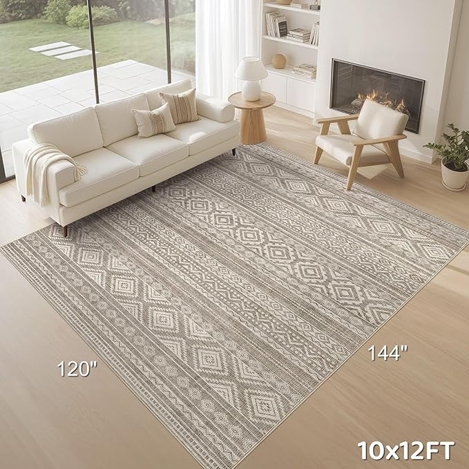 cotiled 10x12 Area Rug Living Room: Washable Boho Rugs with Non Slip Backing Large Soft Indoor Stain Resistant Carpet for Bedroom Farmhouse Dining Room Lightweight Home Decor Coffee Brown