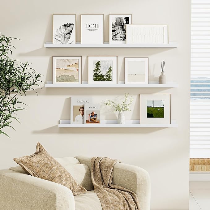 Fun Memories Picture Ledge Shelf, White Floating Shelves Set of 4, 24 Inch Picture Shelves for Wall with Ledge, Large Nursery Book Shelf for Toys Storage, Living Room, Bedroom Decor Frames