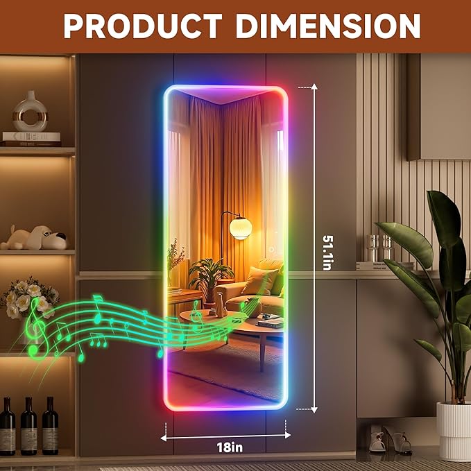 Hasipu 51"x18" LED RGB Door Mirror Full Length with Bluetooth Speaker, Full Body Full Length Over The Door Mirror with Lights, Door Hanging & Wall Mounted Mirror for Bedroom, Living Room, Cloakroom