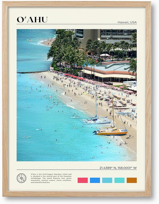 HesenDot Natural OAK Wood Oahu Hawaii Framed Wall Art,12x16in Tropical Beach Canvas Wall Print, Modern Coastal Ocean Wall Decor for Living Room Bedroom Office Gallery, Set of 1