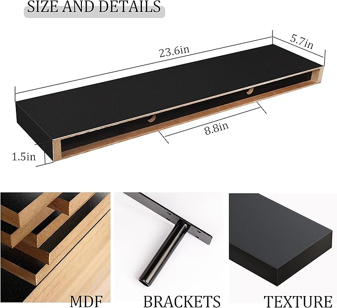 BAMEOS Floating Shelf,24 in Wall Shelf,Decor Wall Mounted Shelves,Hanging Shelf Set for Bathroom Kitchen Living,Kitchen,Room Bedroom Storage,Black