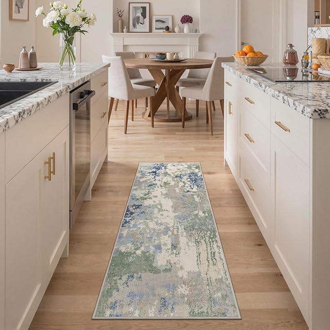 GENIMO 2X5 Washable Modern Runner Rug for Hallway, Non-Slip Low Pile Chenille Print Rug, Soft Rugs for Indoor Entryway Kitchen Corridor, Sage Mist