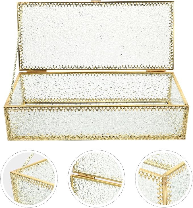 Rectangular Diamond Pattern Glass Jewelry Box with Frame Transparent Necklace Storage Holder Decorative Makeup Organizer for Anniversary Wedding and Valentine's Day