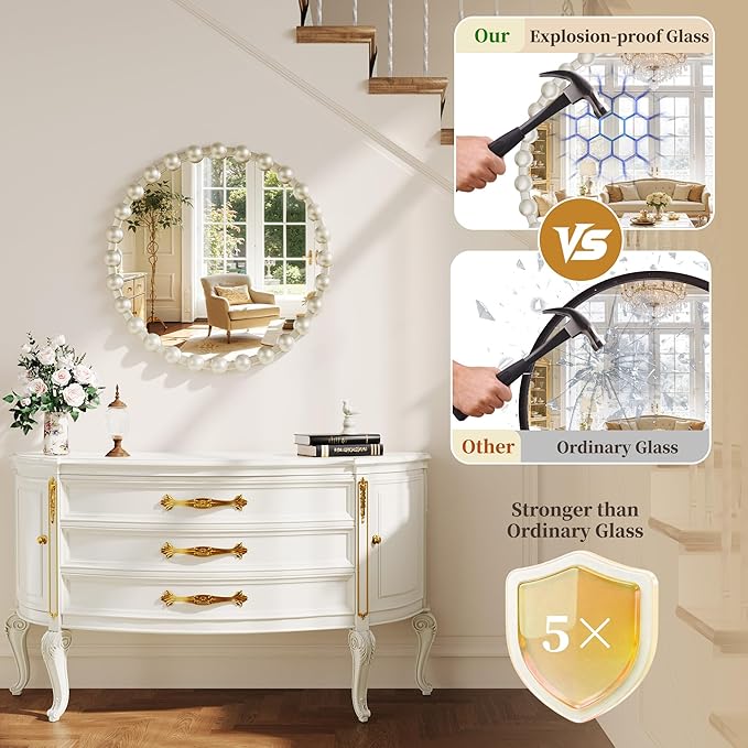 Round Vanity Wall Mirror, 24 Inch Beaded Frame Circle Mirror for Bathroom, Bedroom Dresser, Entryway, Living Room, Decorative Hanging Wall Mirror, Silver