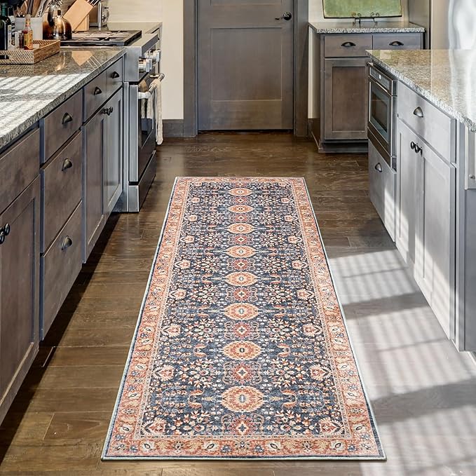 Goideal Washable Runner Rug 2x6, Vintage Rugs Non Slip, Indoor Low Pile Carpet with Rubber Backing for Kitchen Bathroom Entryway Office Bedroom,Navy Blue & Orange