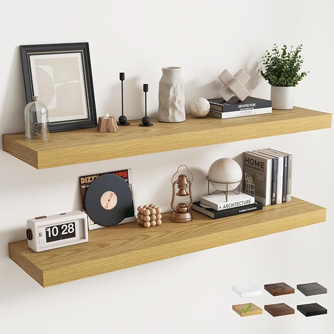 55 Inch Floating Shelves for Wall with Invisible Brackets Set of 2, 12"D Engineered Wood Wall Shelves with Wood Grain for Living Room, Bedroom, Bathroom, Kitchen Decor and Storage, Oak Finish