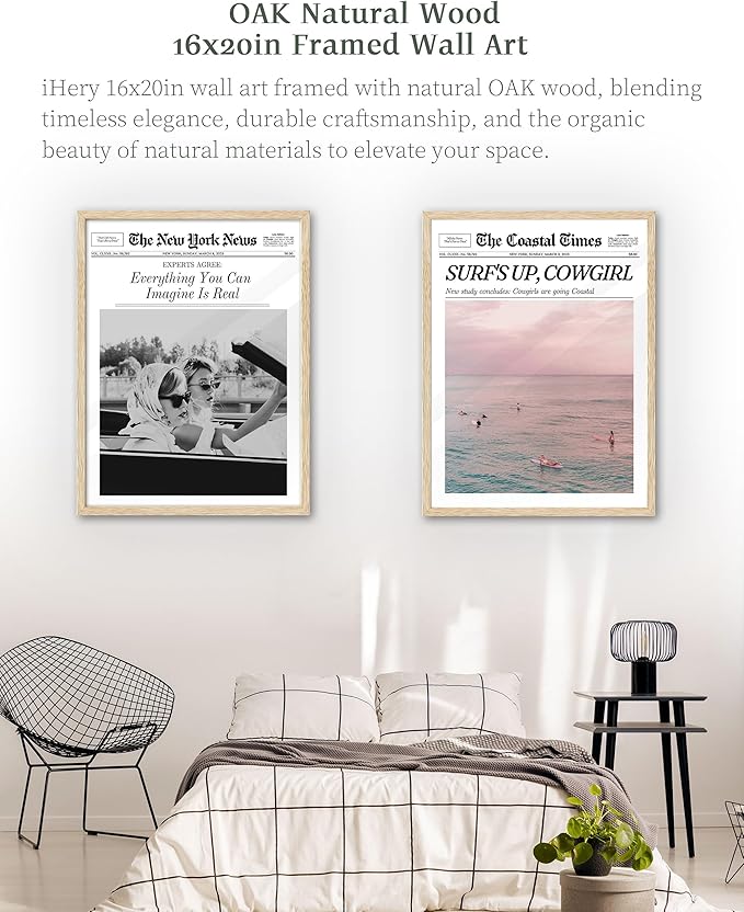 iHery Framed Trendy Coastal Cowgirl NewsPaper Wall Art Prints,Beige OAK Wood Large 16x20in Canvas Wall Decor For Bedroom,Western Vintage Bar Cart,Dorm Retro Surfing Up For Living Room 1Pack