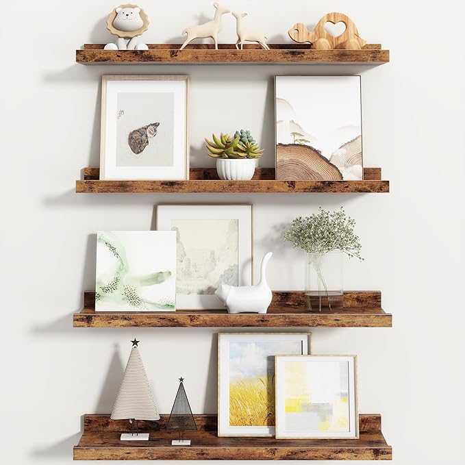 Fun Memories Picture Ledge Shelf, Floating Shelves Set of 4, 24 Inch Picture Shelves for Wall with Ledge, Large Nursery Book Shelf for Toys Storage, Living Room, Bedroom Decor Frames, Rustic Brown