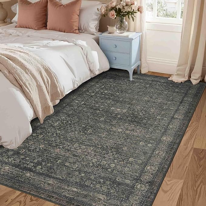 Rugxara 3x5 Washable Entryway Rug, Non Slip Boho Runner Rugs for Hallway, Entrance, Kitchen, Bathroom, Laundry Room, Soft Entryway Carpet, Throw Low Pile Retro Imitation Wool Carpet, Moss Brown