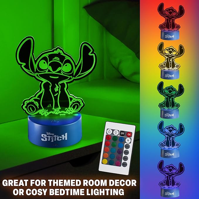 Get Trend Disney Stitch 3D Illusion Night Light for Kids, 16 Colors, 4 Lighting Modes, Dimmable, Dual Powered LED Desk Lamp with Remote Control, Bedroom Decor, Gifts for Boys, Girls (Multi Stitch)