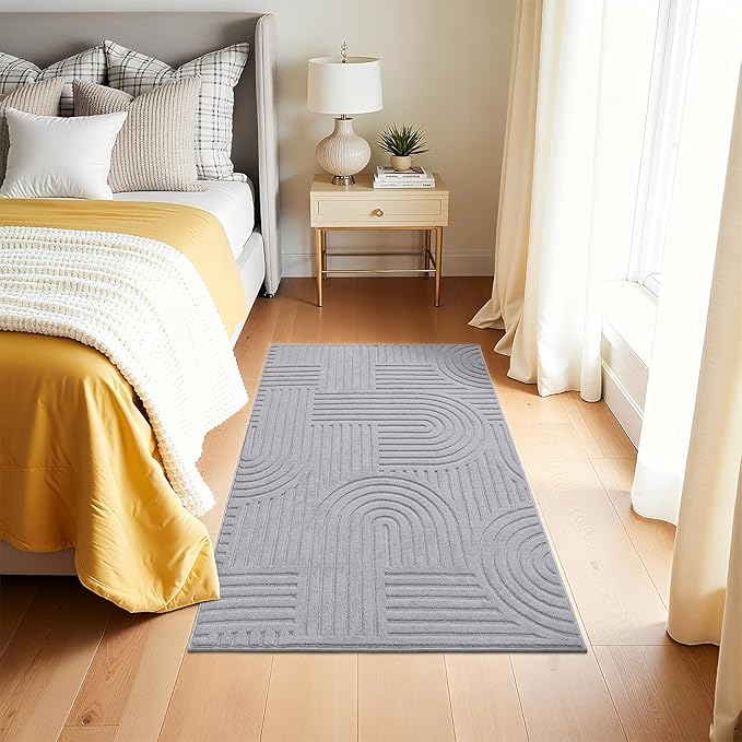 SHACOS Soft Cozy Fluffy Arch Pattern High Low Pile Rugs 3'x5' Non Slip Washable Scandinavian Minimalist Rug Modern Geometric Arc Carpet for Living Room Bedroom Dining Room, Light Grey