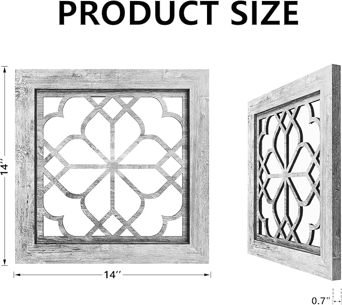 Set of 4 14 Inch Square Grey Window Pane Wall Mirrors, Shatterproof Rustic Farmhouse Boho Vintage Decorative Mirrors for Living Room Bedroom Bathroom Entryway