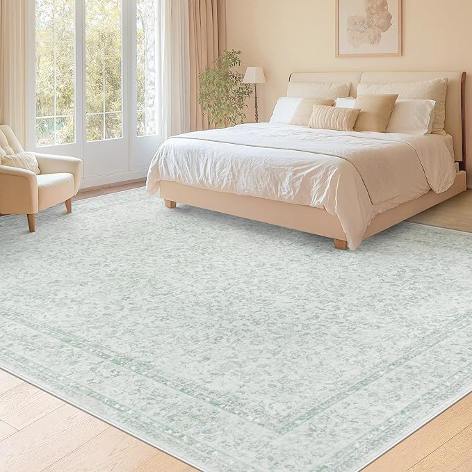 8x10 Area Rugs for Living Room: Washable Large Vintage Floral Rug Low Pile Non-Slip Boho Carpet for Bedroom Home Office Dining Room (Green, 8'x10')