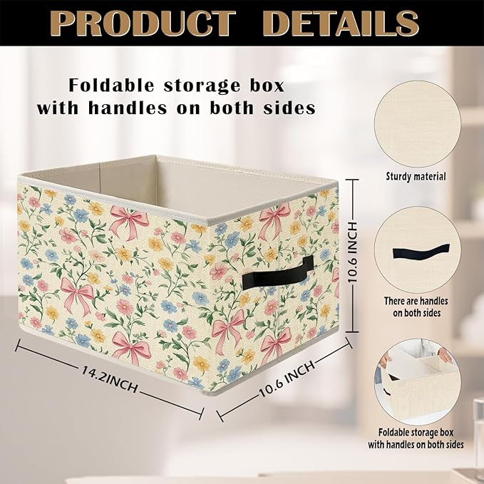 Coquette Pink Bow Floral Storage Bin Box with Handles, Rustic Colorful Flower Botanical Foldable Organizer Basket Toybox for Girls Room Dorm Bedroom Bathroom Clothes Toys Books