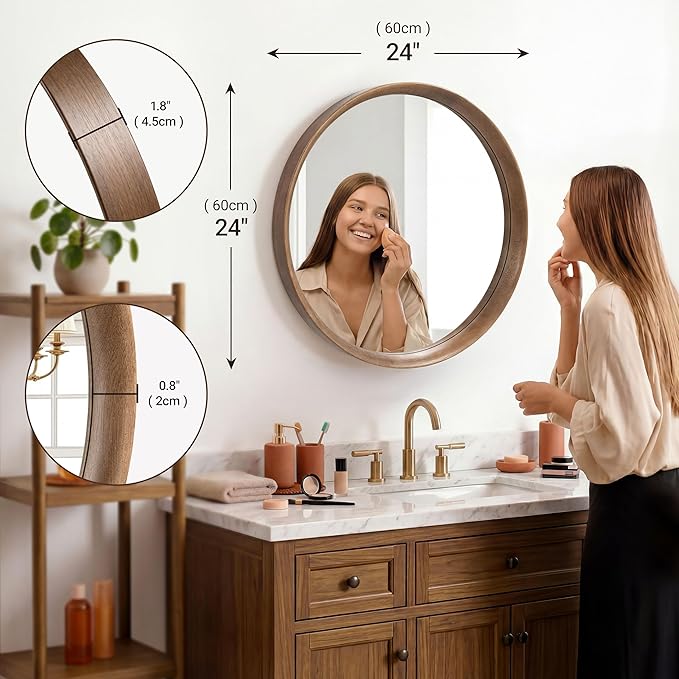 Brakki Round Wall Mirror with Wood Frame, 24 inch Circle Mirror for Bathroom Bedroom Entryway Vanity Living Room, HD Shatterproof Glass, Wall Mounted Decor, Hanging or Leaning, Walnut