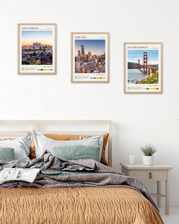 HesenDot Natural OAK Wood Los Angeles Cityscape Framed Wall Art,12x16in City Skyline Canvas Wall Print,Modern Urban Landmark Wall Decor for Living Room,Bedroom,Office Gallery Gifts Set of 1