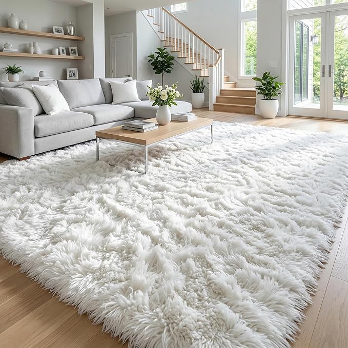 Large Area Rugs for Living Room, 7x10 Soft Fluffy Shaggy Rug, Machine Washable Non-Slip Plush Fuzzy Indoor Carpet, Aesthetic Home Decor for Bedroom,Kids Room,Nursery,Dorm, White