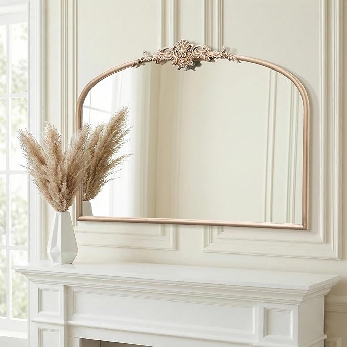 Besdomus Arched Vintage Gold Mirror: 32"x24" French Large Champagne Gold Antique Vanity Wall Mirror - Baroque Traditional Ornate for Fireplace/Bathroom/Living Room - Wall Decor for Fashion-Conscious