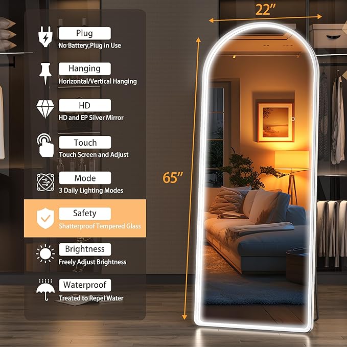 Hasipu 65" x 22" Led Mirror Full Length, Full Length Mirrors with Lights Arch Design, Full Body Mirror with Lights, Wall Mounted Mirror Dimming & 3 Color Modes