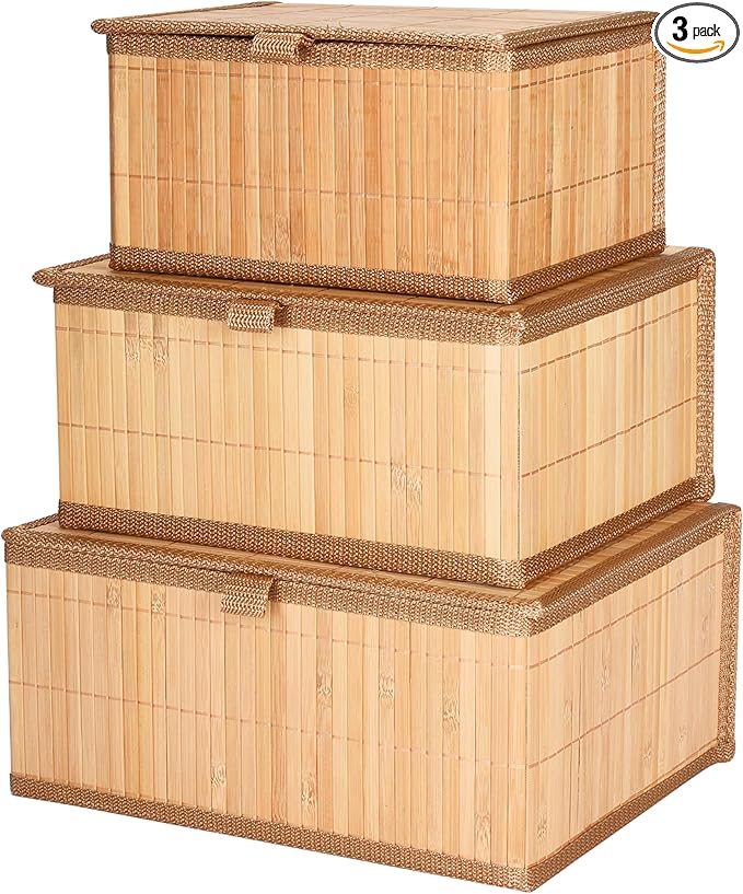 Bamboo Decorative Storage Boxes With Lids - Nesting Rectangular Lidded Box for Organization - Stackable Basket with Cloth Liner - Organizer for Toys, Home, Office - Woven Basket - Set of 3