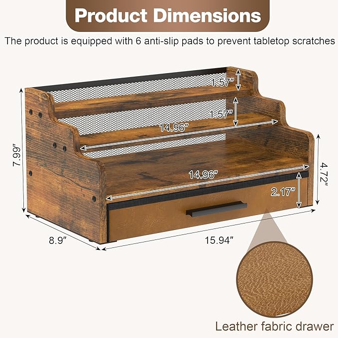 Yuzehuaza 3 Tier Cologne Stand with Drawer, Wooden Cologne Organizer for Men/Women, Retro Perfume Stand Organizers, Display Riser Shelf Holder for Skincare and Makeup Organizers, Rustic Brown