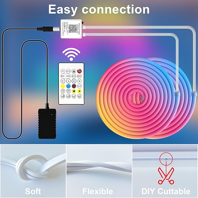 Cozylady RGB Neon LED Rope Lights, Waterproof Bluetooth APP Remote Control Music Sync Strip Lights, 24V Flexible DIY Silicone Light for Bedroom Home Indoor Outdoor Decor (30M/100Ft)