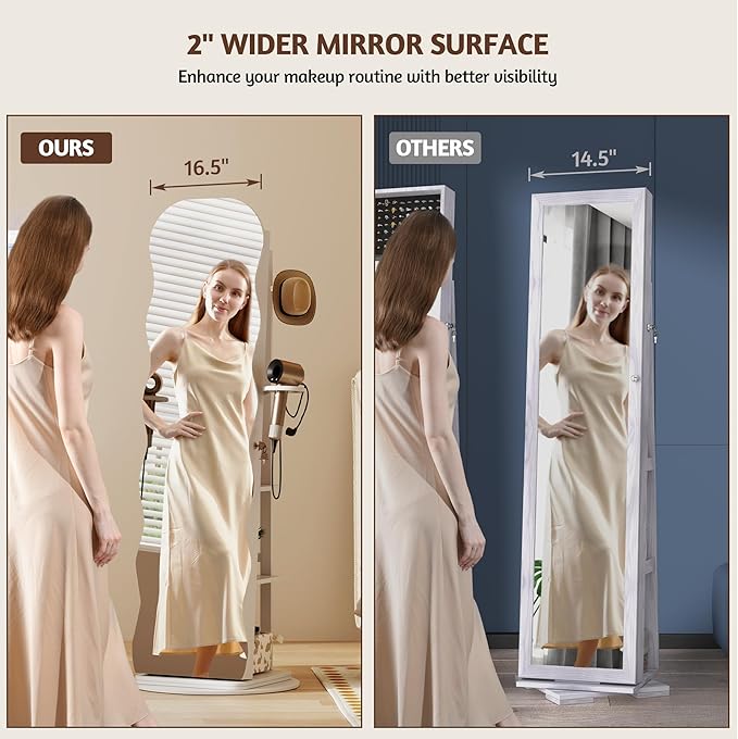Vlsrka 360° Swivel Jewelry Aromire with Wavy Mirror, Lockable Jewelry Organizer Mirror Full Length, Rotatable Standing Mirror with Storage, Jewelry Cabinet, Interior Mirror, Flodable Shef (White)