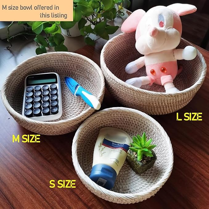 Wash White Round Rattan Bowl Basket,White Decorative Handmade Wicker Key Holder, Decorative Woven Rattan Basket Tray with Wrapping Edge and 2 Inch Deep Wall,7.9"x2.4"