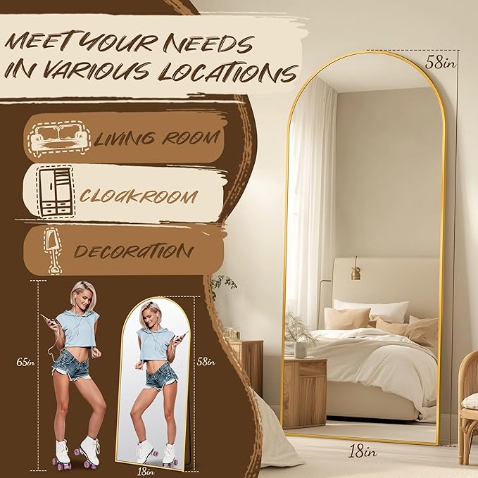 Antok Arched Full Length Mirror, 56"x15" Gold Metal Frame Floor Mirror for Bedroom Living Room, Freestanding/Wall Mount/Leaning