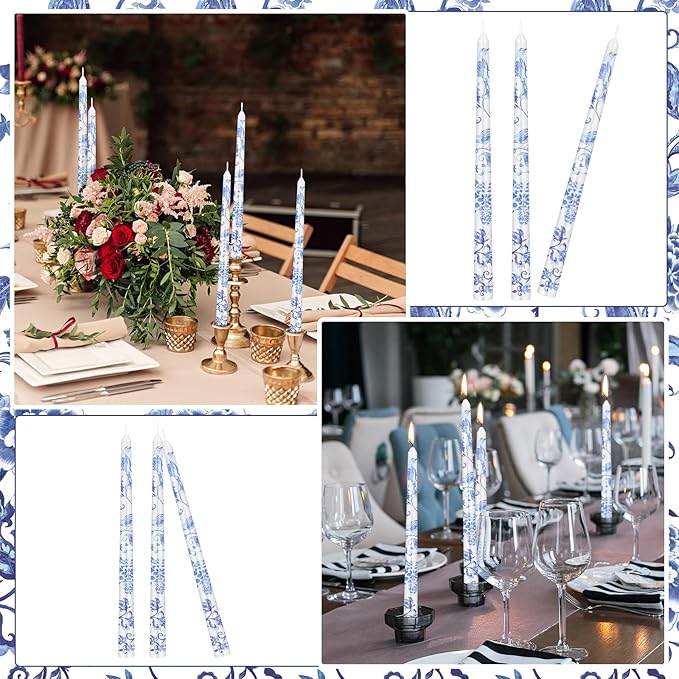Threlaco 9.8" Long Taper Chinoiserie Porcelain Candlesticks Dripless Bridal Wedding Shower Candle Blue White Decorations Unscented Taper Candles for Party Gift Home Decor