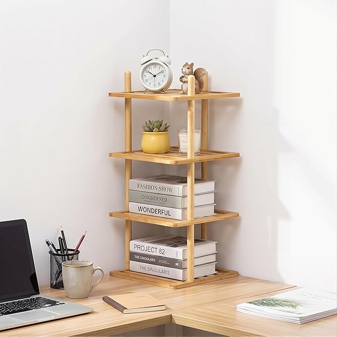 Expandable Bamboo Corner Shelf - Dish/Plate Organizer for Cabinet, Kitchen Counter Shelf & Small Kitchen Shelf, Adjustable (1, 4Tier-Large-6.7" H)