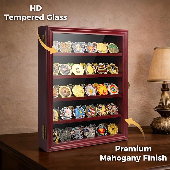 ASmileIndeep Military Challenge Coin Display Case Holder with HD Toughened Glass and Wall Mount, Wooden Coin Stand Rack with Removable 2 Grooves Shelves, Mahogany Finish…