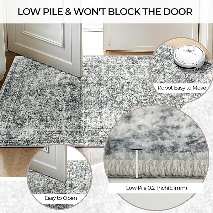 CAPALOCA Machine Washable Rugs Nursery Rug 4x6 Cute Girl Non Slip Low Pile Water Repellent Soft Print Pattern for Bedroom Indoor Decor Kids Playroom Grey
