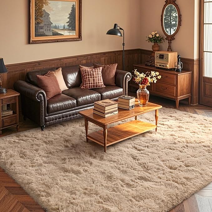 5x7 Living Room Rugs Fluffy Neutral Beige Area Rug，Modern Plush Non-Slip Soft Bedroom Shag Carpet for Book Room Office,Coffee Stain Resistant