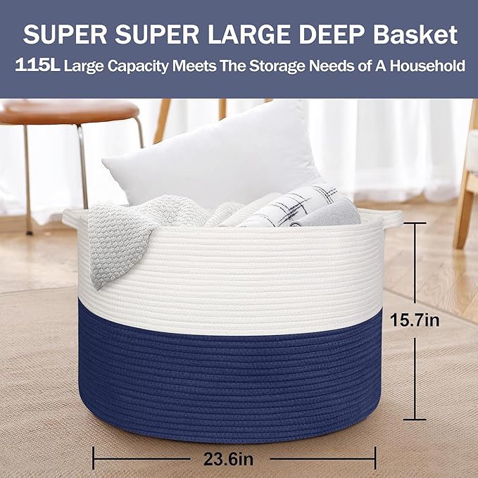MEGASKET 115L Super Large Blanket Basket, Cotton Rope Woven Bin for Toy, Clothes, Laundry, Shoes, Toy Box for Living Room, Oversized Organizer, XXXL Jumbo Basket for Blankets, 23.6"x15.7", Navy Blue
