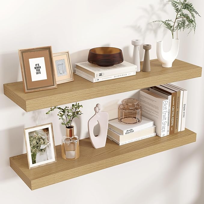 Venusmiles Floating Shelves for Wall, Engineered Wood Wall Shelves with Invisible Brackets for Living Room Bedroom Bathroom Office Kitchen Decor and Storage (Oak, 36" W x 9" D x 1.5" H) Set of 2