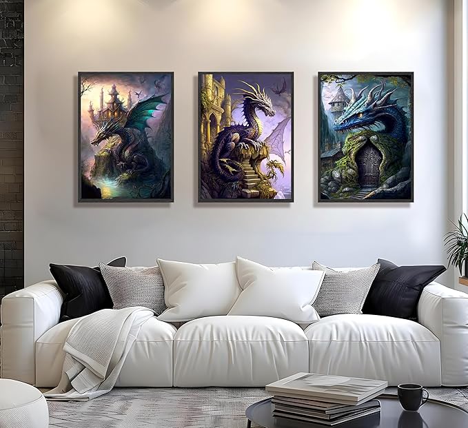 FJKLRP 3pcs Fantasy Dragon Wall Art Castle & Mythical Dragon Design Canvas Prints poster Fantasy Wall Decor with Fantasy Themed Wall Decor for Bedroom Gaming Room Living Room Decoration Unframed