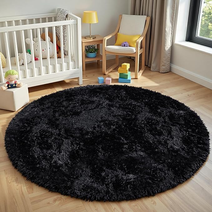 Black Round Fluffy Rug 6ft Plush Fuzzy Shaggy Carpet,Soft Rugs for Living Room for Nursery,Preppy Dorm,Classroom,Playroom,Teen,Baby Home Decor (Black 6"x6")