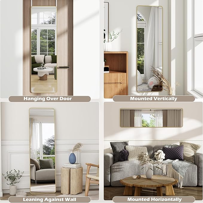 Full Length Door Mirror 14x48, Metal Frame with Protective Film, No-Drilling Hanging or Wall Mount (Horizontal/Vertical), Hooks & Hardware Included, Full Body Mirror for Bedroom, Dorm, Gold