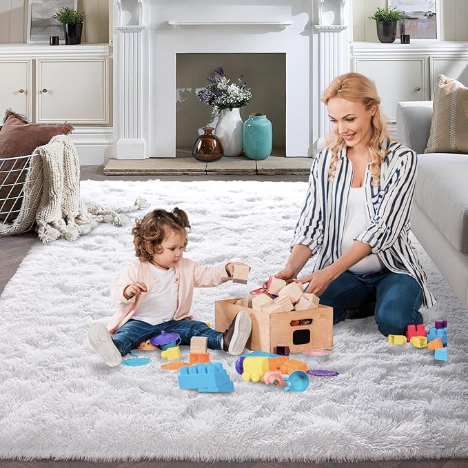 FinRèc White Rugs for Bedroom Living Room, 3x5 Feet Fluffy Shaggy Area Rug, Non-Slip Soft Shag Rug for Nursery Kids Room Dorm Room Home Decor, Indoor Plush Floor Carpet
